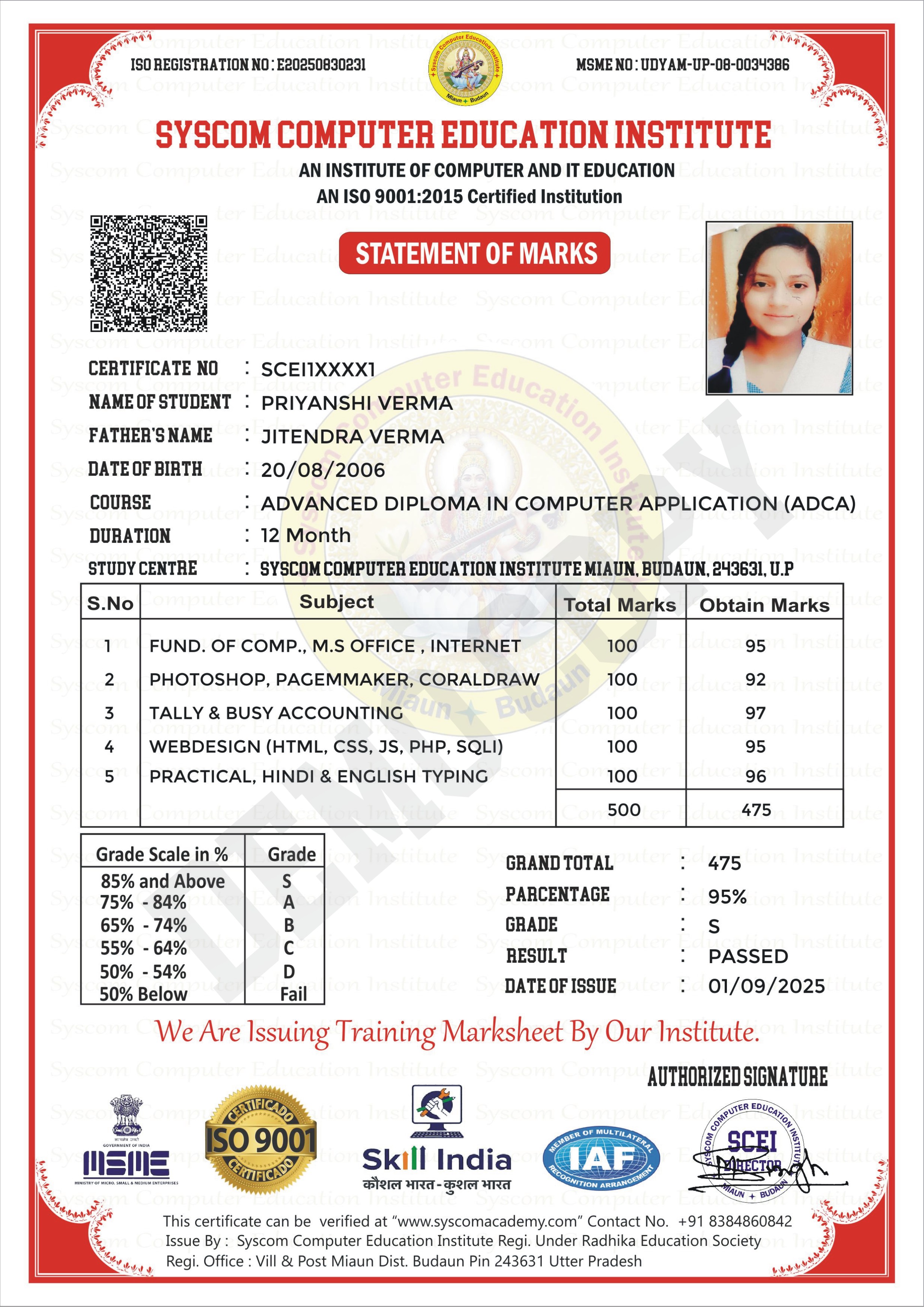 Certificate demo syscom computer center 